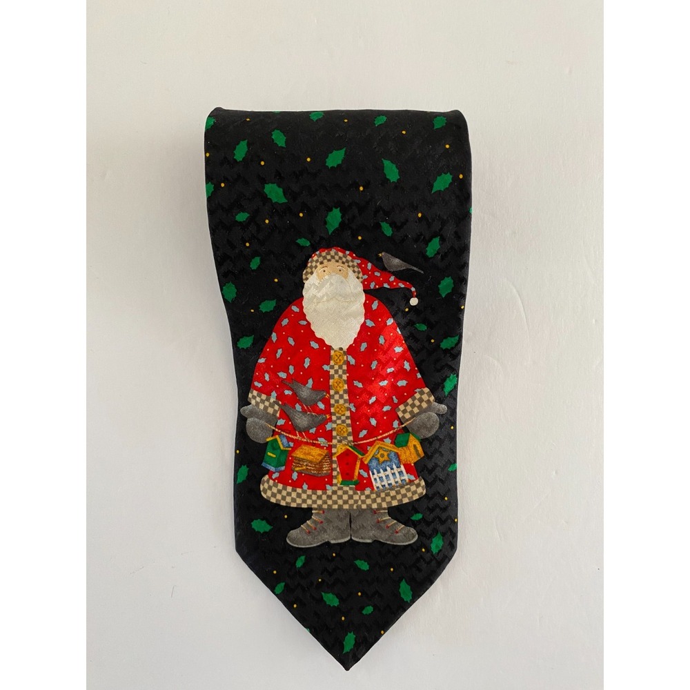Noel Santa Claus Christmas Tie 100% Silk Black Holly Leaves Holiday Necktie #54
